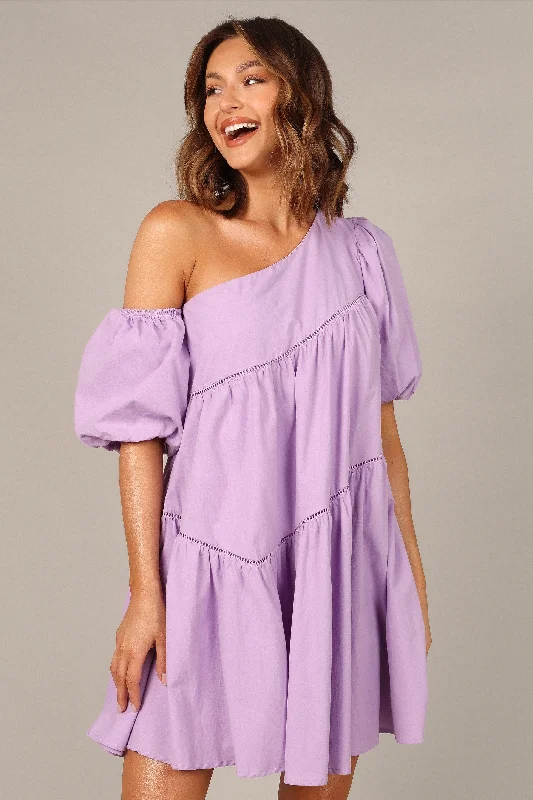 Mini dresses with pleated skirts for a classic look Lottie Off Shoulder Mini Dress - Lilac Mini dresses with pleated skirts for a classic look Lottie Off Shoulder Mini Dress - Lilac