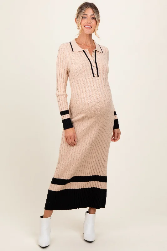 Maternity dress for a baby's first visit to the orchard Beige Contrast Trim Knit Polo Maternity Midi Dress Maternity dress for a baby's first visit to the orchard Beige Contrast Trim Knit Polo Maternity Midi Dress