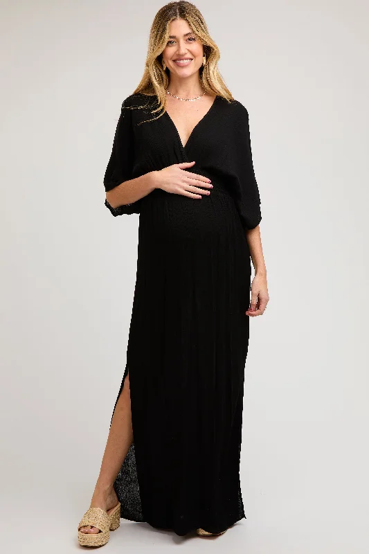 Maternity dress for a gender reveal party Black Lightweight Deep V-Neck Maternity Maxi Dress