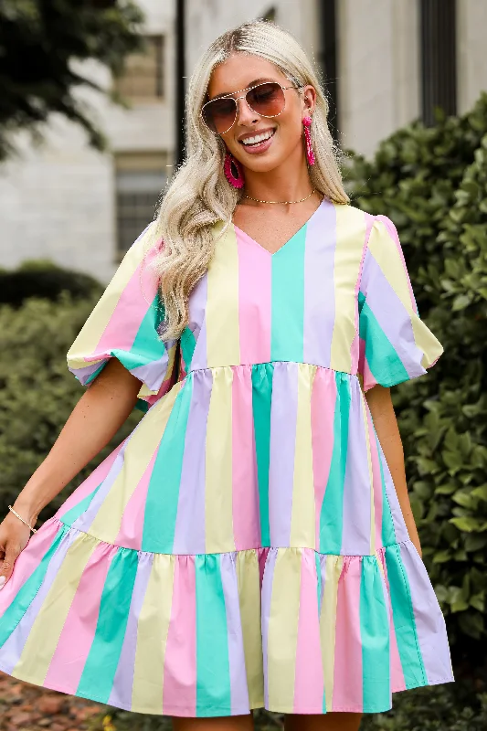  FINAL SALE - Vivid Moment Multi Striped Tiered Mini Dress