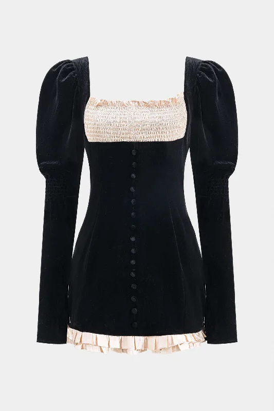 Mini dresses with tiered skirts for added volume Velvet Patchwork Button Zipper Long Sleeve Mini Dress Mini dresses with tiered skirts for added volume Velvet Patchwork Button Zipper Long Sleeve Mini Dress