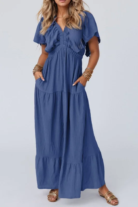 Petite - fit Everyday Dress with Ruffled Sleeves Ruffled V-Neck Short Sleeve Maxi Dress Petite - fit Everyday Dress with Ruffled Sleeves Ruffled V-Neck Short Sleeve Maxi Dress