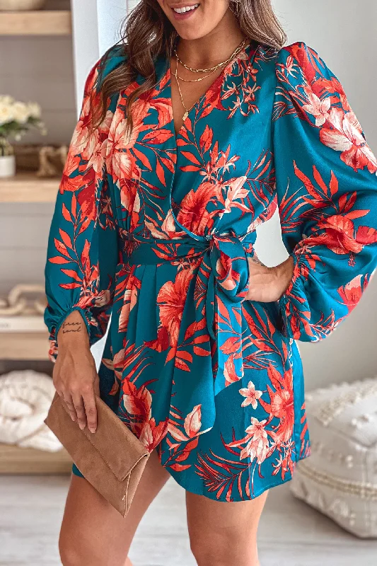  Teal Floral Satin Wrap Short Dress