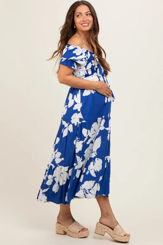 Maternity dress for a baby's naming ceremony Royal Floral Smocked Knotted Top Maternity Maxi Dress Maternity dress for a baby's naming ceremony Royal Floral Smocked Knotted Top Maternity Maxi Dress