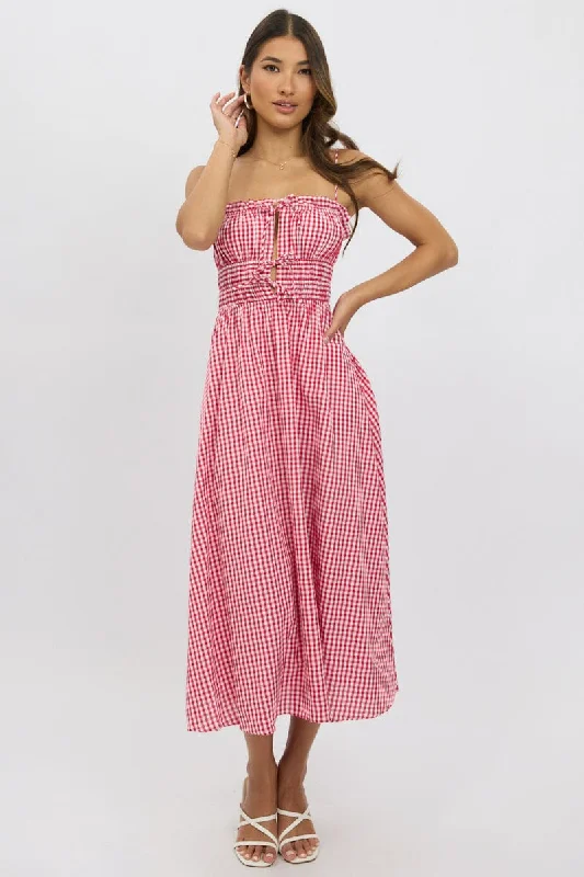 Midi dresses with one - shoulder designs for a modern and asymmetric style Red Check Midi Dress Ribbon Detail Strappy Midi dresses with one - shoulder designs for a modern and asymmetric style Red Check Midi Dress Ribbon Detail Strappy