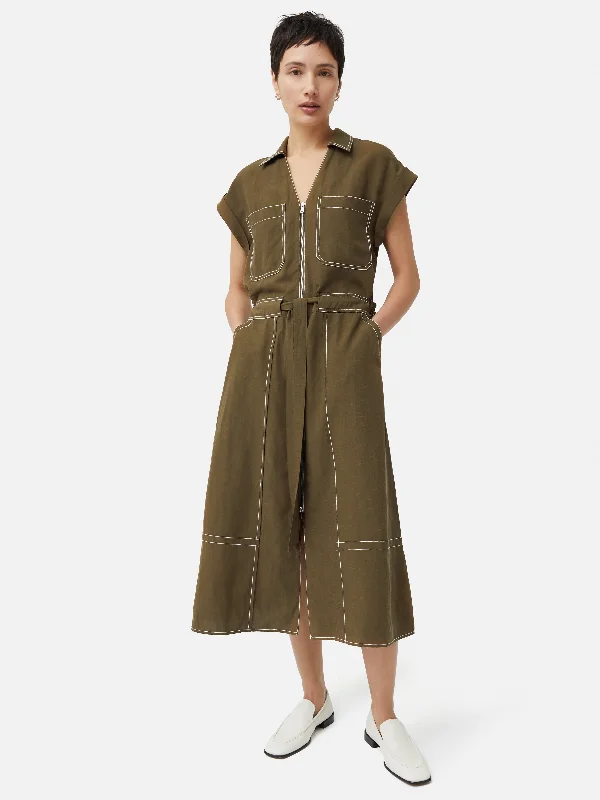 Midi dresses with satin - finish fabrics for a luxurious feel Linen Lyocell Stitched Dress | Dark Khaki Midi dresses with satin - finish fabrics for a luxurious feel Linen Lyocell Stitched Dress | Dark Khaki