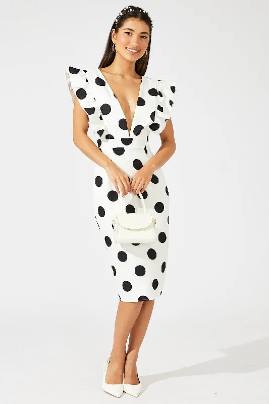 Midi dresses with polka dot prints for a playful summer outfit Black Polka Dot Midi Dress Plunge Ruffle Shoulder Oversized Polka Midi dresses with polka dot prints for a playful summer outfit Black Polka Dot Midi Dress Plunge Ruffle Shoulder Oversized Polka