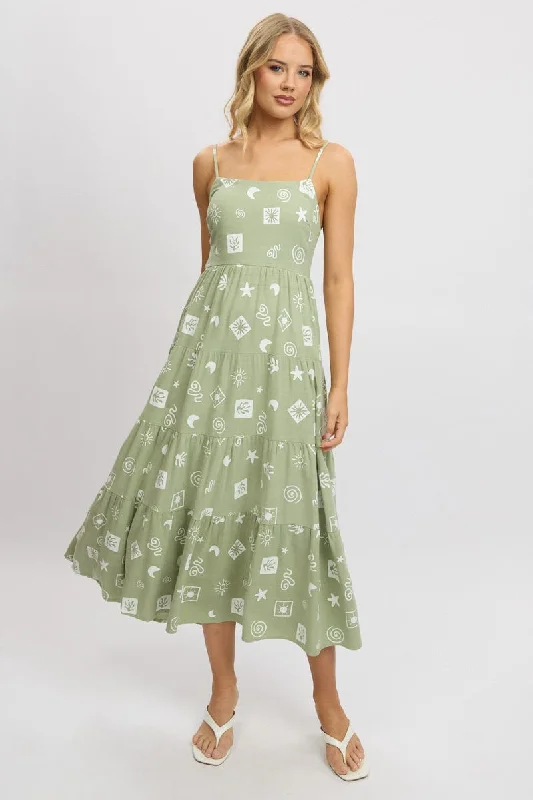 Midi dresses with button - down skirts for a unique and functional design Green Abstract Midi Dress Tiered Strappy Midi dresses with button - down skirts for a unique and functional design Green Abstract Midi Dress Tiered Strappy