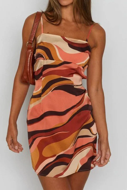 Sheer mini dresses with lace inserts Abstract Print Tie Back Zipper Slip Mini Dress