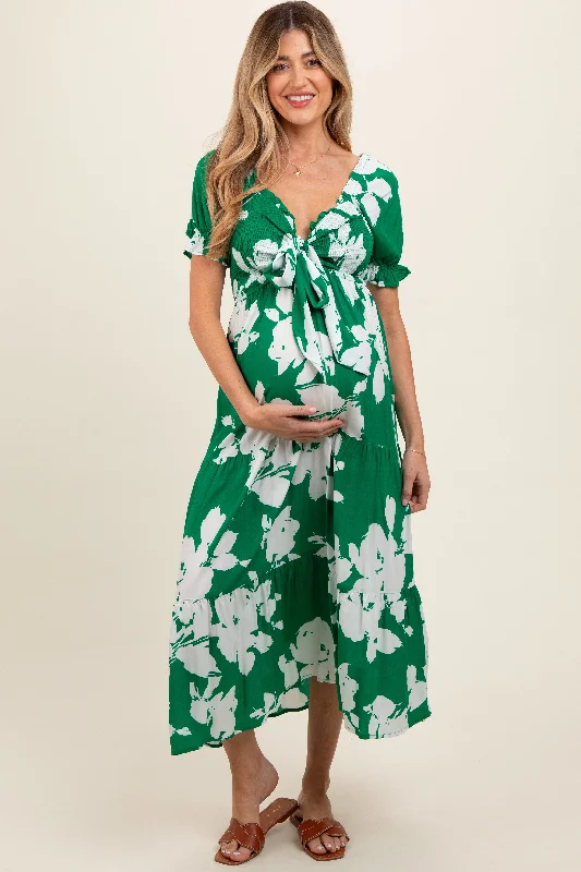 Maternity dress for a baby's first visit to the planetarium Green Floral Smocked Knotted Top Maternity Maxi Dress Maternity dress for a baby's first visit to the planetarium Green Floral Smocked Knotted Top Maternity Maxi Dress