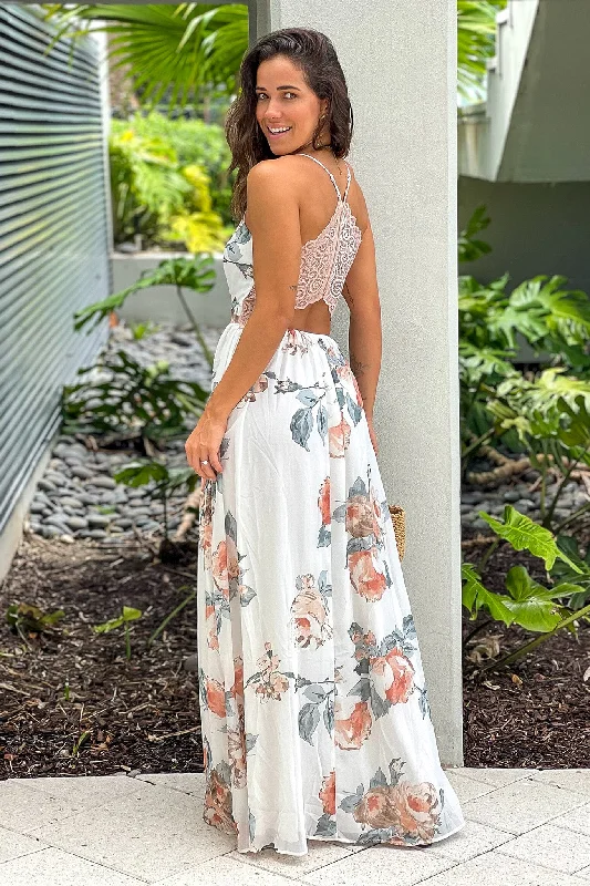 Everyday Sleeveless Dress with Scoop Neck for Summer White And Salmon Floral Maxi Dress With Lace Back Everyday Sleeveless Dress with Scoop Neck for Summer White And Salmon Floral Maxi Dress With Lace Back