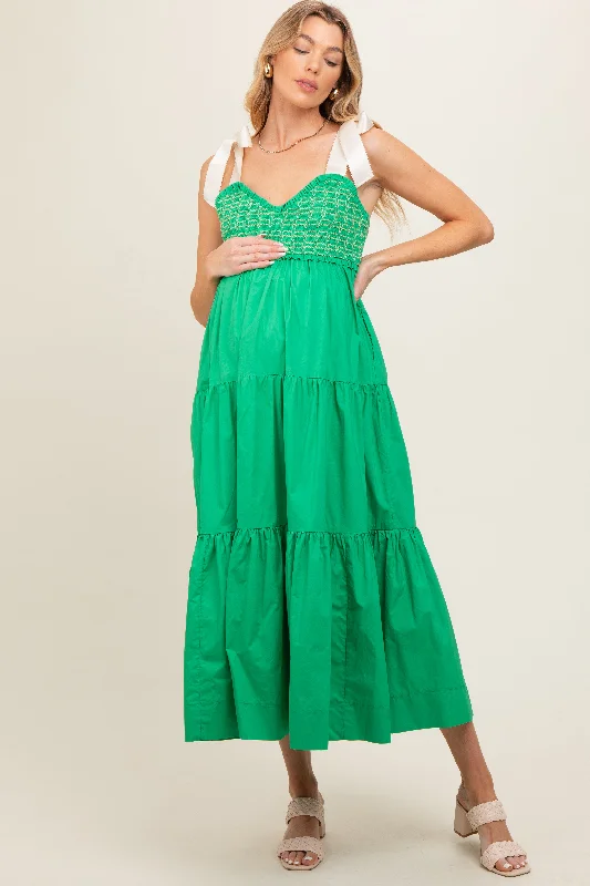Maternity dress for a bridal shower as a hostess Green Ribbon Strap Tiered Maternity Maxi Dress Maternity dress for a bridal shower as a hostess Green Ribbon Strap Tiered Maternity Maxi Dress