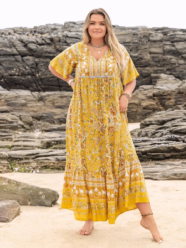  Plus Size Floral Tie Neck Flutter Sleeve Maxi Dress