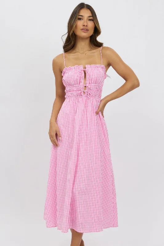 Plaid midi dresses for a fall - themed family gathering Pink Check Midi Dress Ribbon Detail Strappy Plaid midi dresses for a fall - themed family gathering Pink Check Midi Dress Ribbon Detail Strappy
