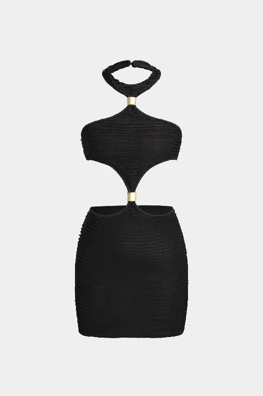 Mini dresses with button - down fronts Metallic Bead Texture Backless Mini Dress
