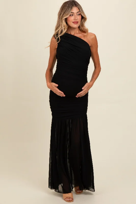 Maternity dress for a coastal vacation Black Ruched Mesh One Shoulder Maternity Maxi Dress Maternity dress for a coastal vacation Black Ruched Mesh One Shoulder Maternity Maxi Dress