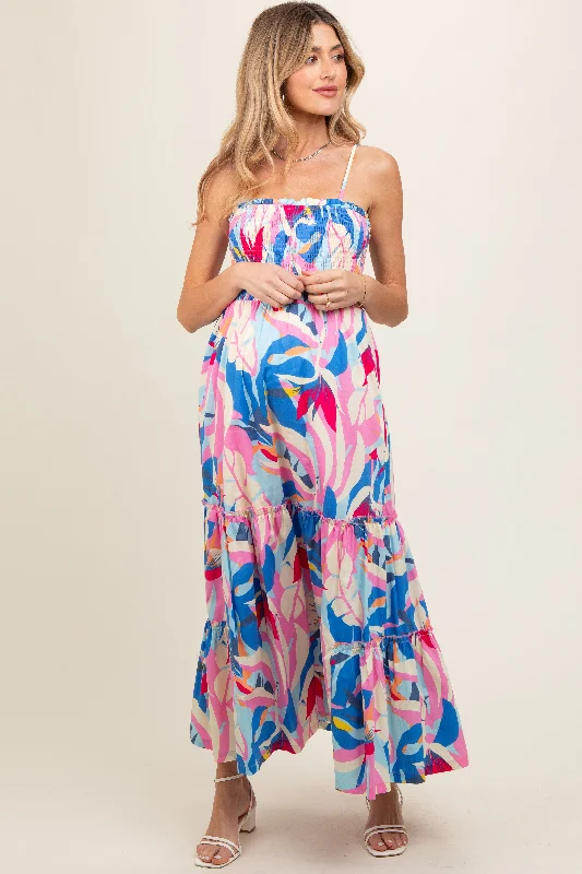 Bohemian style maternity dress for beach weddings Pink Printed Smocked Bodice Tiered Maternity Maxi Dress Bohemian style maternity dress for beach weddings Pink Printed Smocked Bodice Tiered Maternity Maxi Dress