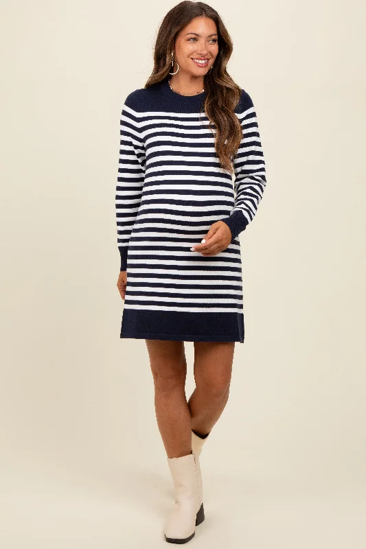 Maternity dress for a baby's first birthday party Navy Striped Long Sleeve Knit Maternity Mini Dress Maternity dress for a baby's first birthday party Navy Striped Long Sleeve Knit Maternity Mini Dress