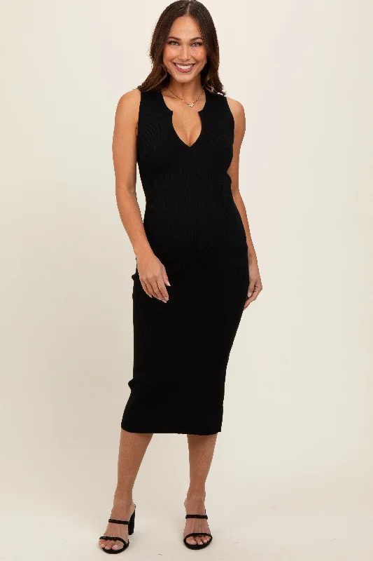 Maternity dress for a baby's naming ceremony Black V-Neck Knit Maternity Midi Dress