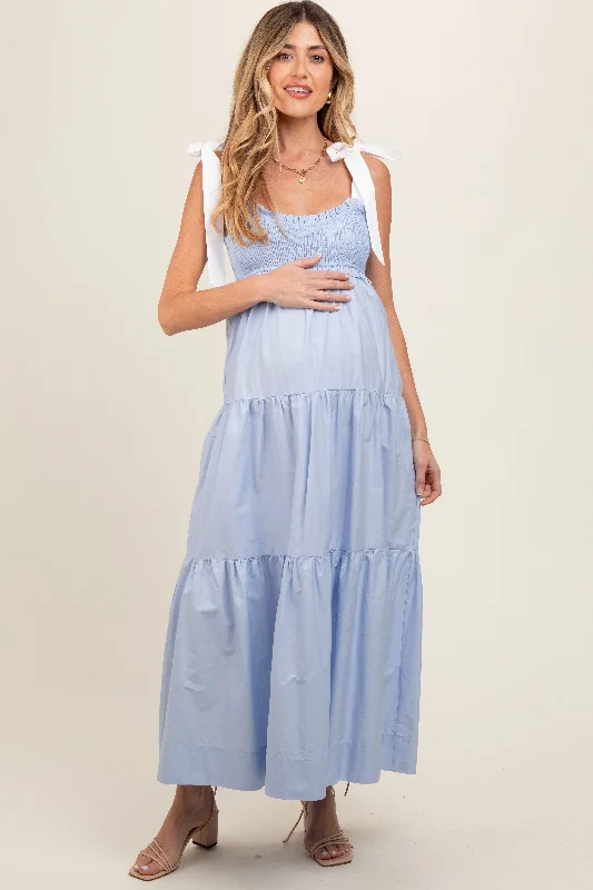 Off shoulder maternity evening dress for parties Light Blue Contrast Shoulder Straps Maternity Maxi Dress Off shoulder maternity evening dress for parties Light Blue Contrast Shoulder Straps Maternity Maxi Dress