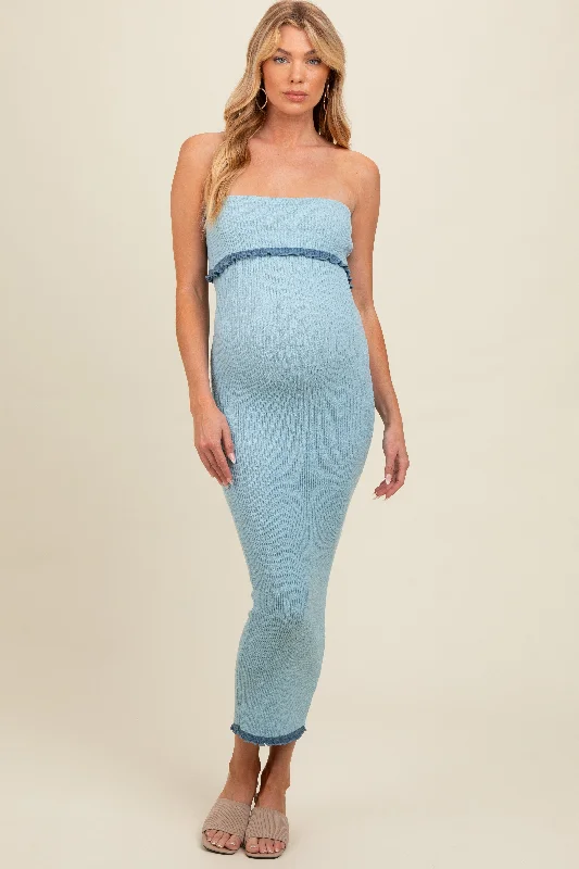 Maternity dress for a baby's first visit to the flower garden Light Blue Contrast Trim Maternity Strapless Knit Dress Maternity dress for a baby's first visit to the flower garden Light Blue Contrast Trim Maternity Strapless Knit Dress