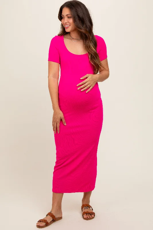 Maternity dress for a city sightseeing trip Fuchsia Ribbed Fitted Maternity Midi Dress Maternity dress for a city sightseeing trip Fuchsia Ribbed Fitted Maternity Midi Dress