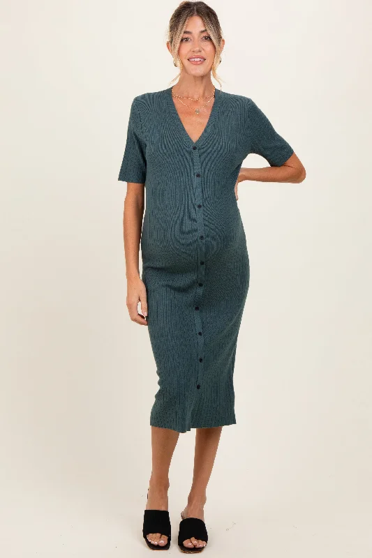 Maternity dress for a baby's first visit to the opera Forest Green Button Down Maternity Sweater Midi Dress Maternity dress for a baby's first visit to the opera Forest Green Button Down Maternity Sweater Midi Dress