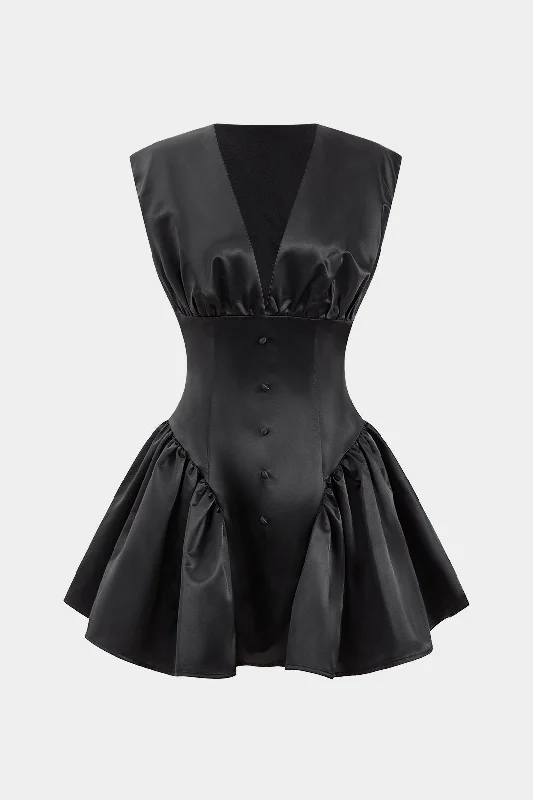 Mini dresses with spaghetti straps for a delicate look Satin Button Ruched Mini Dress