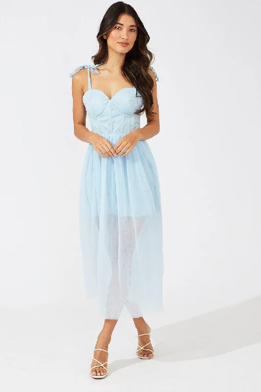 Midi dresses with wrap - around skirts for a customizable fit Blue Midi Dress Tulle Corset Detail Occasion Dress Midi dresses with wrap - around skirts for a customizable fit Blue Midi Dress Tulle Corset Detail Occasion Dress