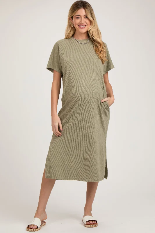 Maternity dress for a baby's first visit to the formal garden Light Olive Ribbed Short Dolman Sleeve Side Slit Maternity Midi Dress Maternity dress for a baby's first visit to the formal garden Light Olive Ribbed Short Dolman Sleeve Side Slit Maternity Midi Dress