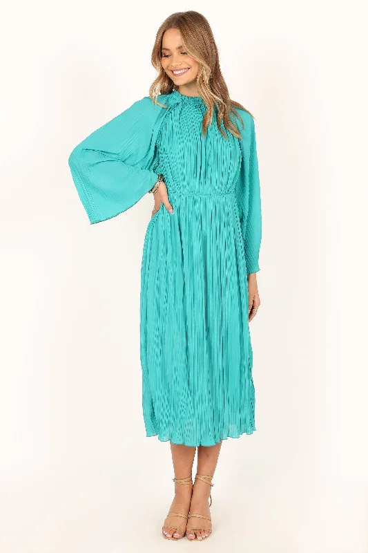 Midi dresses with gathered skirts for a full and flowing silhouette Olivia Long Sleeve Midi Dress - Teal Midi dresses with gathered skirts for a full and flowing silhouette Olivia Long Sleeve Midi Dress - Teal