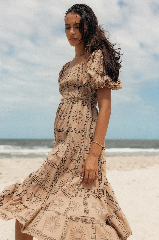 Midi dresses with gathered skirts for a full and flowing silhouette Soliel Puff Sleeve Midi Dress - Tan Black Midi dresses with gathered skirts for a full and flowing silhouette Soliel Puff Sleeve Midi Dress - Tan Black