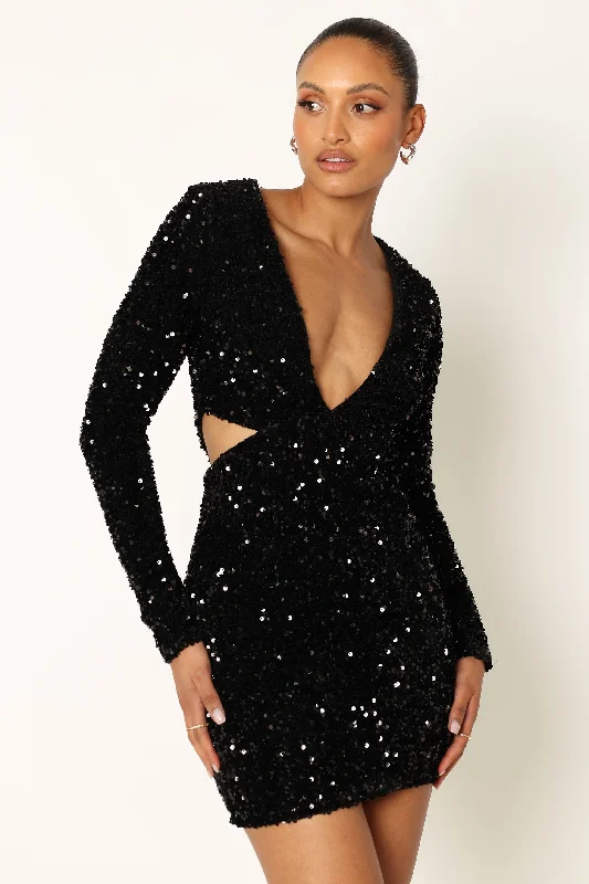 Satin mini dresses for a luxurious feel Kelly Long Sleeve Sequin Mini Dress - Black