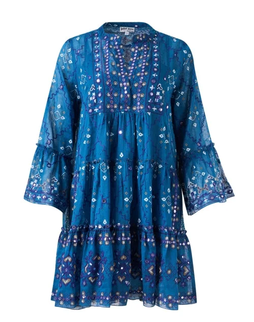 Everyday Dress with Embroidered Flowers for a Dainty Look Blue Mosaic Print Dress Everyday Dress with Embroidered Flowers for a Dainty Look Blue Mosaic Print Dress