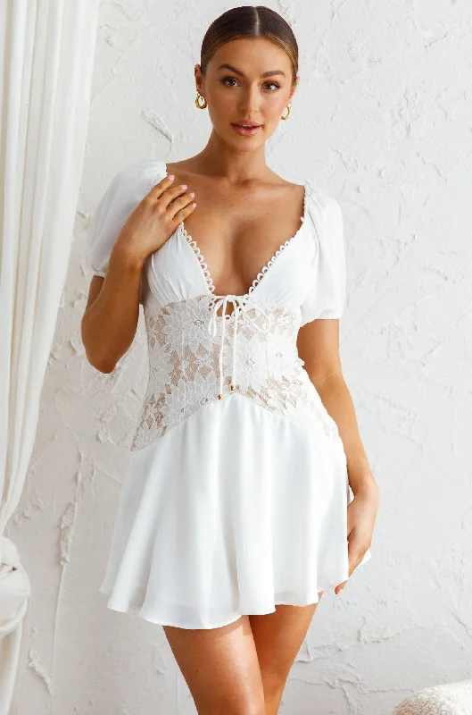 Mini dresses with belted waists for a defined silhouette Mielle Lace Bodice Mini Dress White Mini dresses with belted waists for a defined silhouette Mielle Lace Bodice Mini Dress White