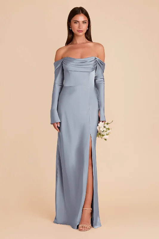 Maternity dress for a coastal vacation Maya Matte Satin Dress - Dusty Blue