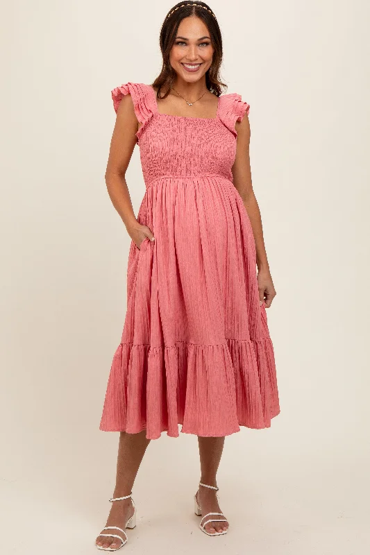 Maternity dress for a friend's wedding as a guest Mauve Striped Flutter Sleeve Maternity Midi Dress Maternity dress for a friend's wedding as a guest Mauve Striped Flutter Sleeve Maternity Midi Dress