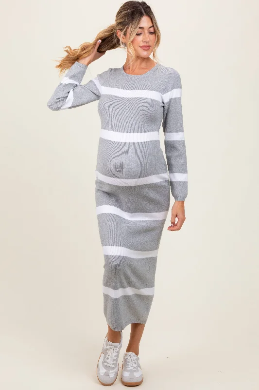 Maternity dress for a gender reveal party Heather Grey Striped Knit Long Sleeve Maternity Midi Sweater Dress Maternity dress for a gender reveal party Heather Grey Striped Knit Long Sleeve Maternity Midi Sweater Dress