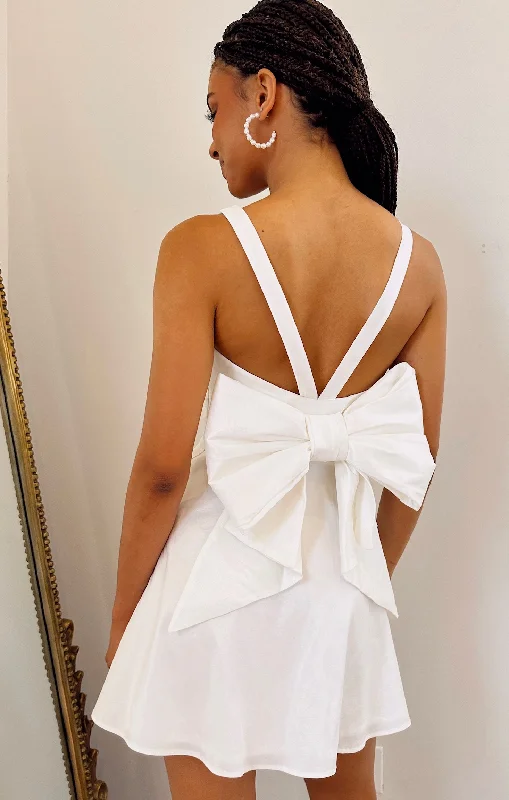 Mini dresses with bow accents for a sweet look Simone Mini Dress ~ White Taffeta