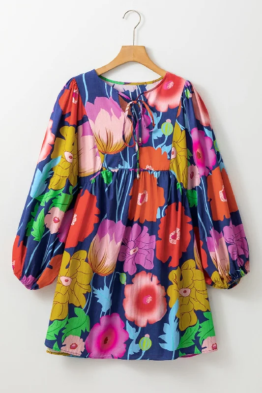  Plus Size Printed Tie Neck Long Sleeve Dress