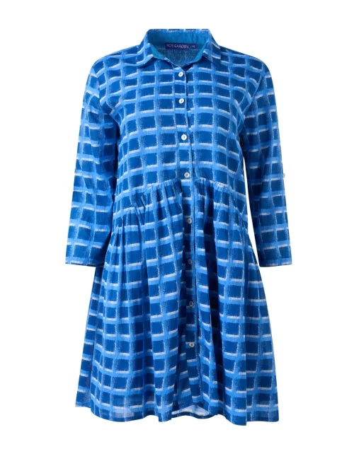 Everyday Dress with Open - back Design for a Modern Look Deauville Blue Check Print Shirt Dress Everyday Dress with Open - back Design for a Modern Look Deauville Blue Check Print Shirt Dress