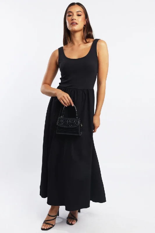 Midi dresses with cold - shoulder cutouts for a trendy style Black Midi Dress Ribbed Bodice Midi dresses with cold - shoulder cutouts for a trendy style Black Midi Dress Ribbed Bodice
