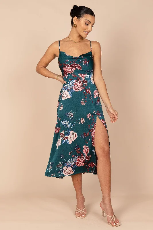 Midi dresses with ruched sleeves for a more fitted and stylish arm look Alejandra Cowl Neck Midi Dress - Emerald Midi dresses with ruched sleeves for a more fitted and stylish arm look Alejandra Cowl Neck Midi Dress - Emerald