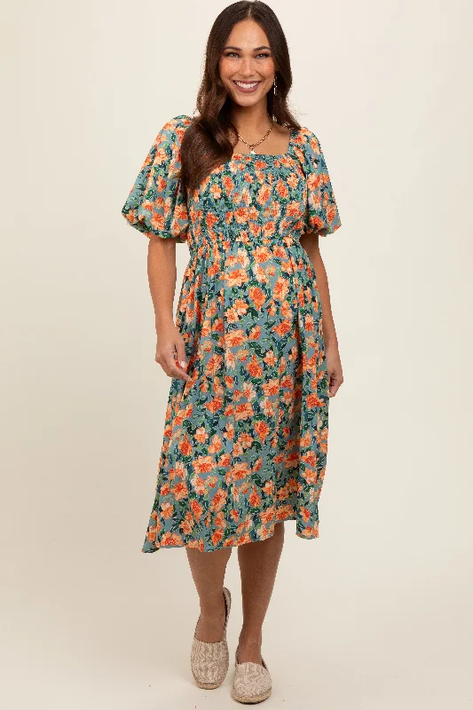 Maternity dress for a baby's first visit to the Japanese garden Blue Floral Square Neck Smocked Short Puff Sleeve Maternity Midi Dress Maternity dress for a baby's first visit to the Japanese garden Blue Floral Square Neck Smocked Short Puff Sleeve Maternity Midi Dress