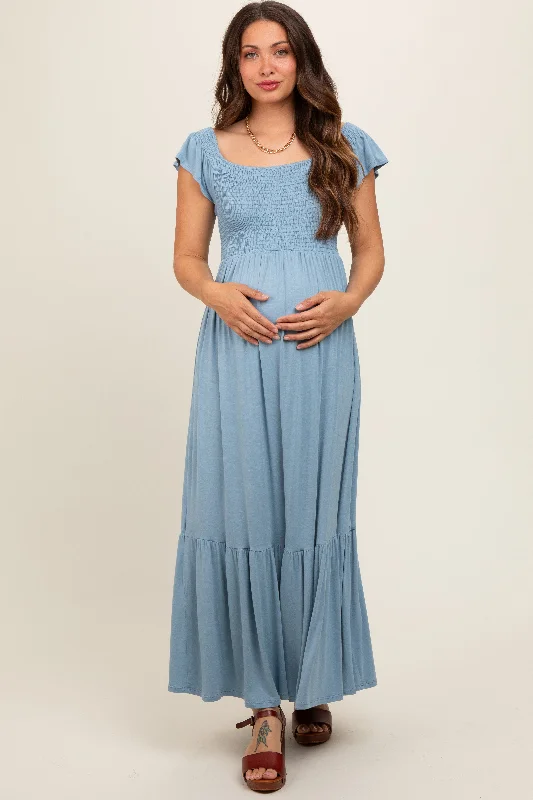 Maternity dress for maternity yoga classes Light Blue Smocked Ruffle Hem Maternity Maxi Dress