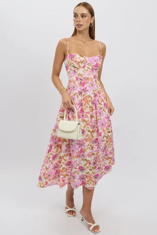 Midi dresses with button - down skirts for a unique and functional design Multi Floral Midi Dress Corset Detail Midi dresses with button - down skirts for a unique and functional design Multi Floral Midi Dress Corset Detail