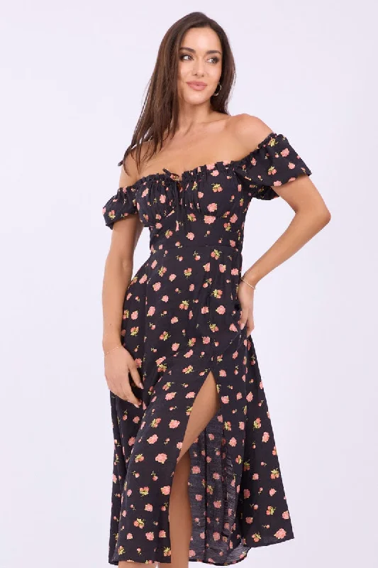 Midi dresses with tassel accents for a bohemian and free - spirited style Black Ditsy Midi Dress Puff Sleeve Midi dresses with tassel accents for a bohemian and free - spirited style Black Ditsy Midi Dress Puff Sleeve