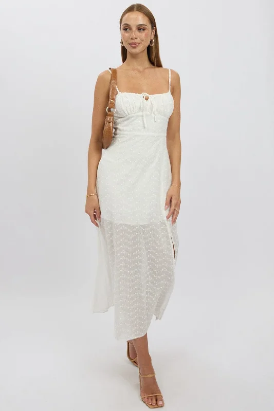 Midi dresses with satin - finish fabrics for a luxurious feel White Midi Dress Gathered Bust Eyelet Fabric Midi dresses with satin - finish fabrics for a luxurious feel White Midi Dress Gathered Bust Eyelet Fabric