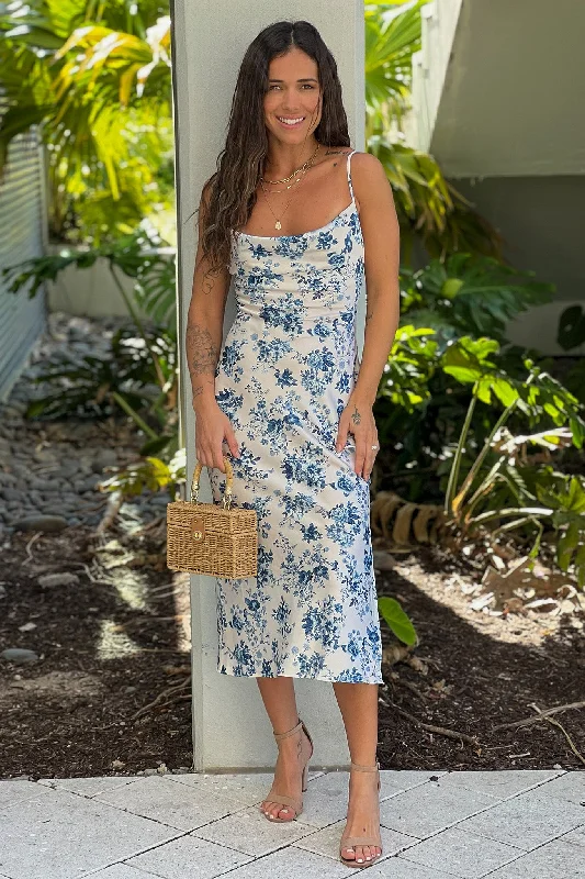 Everyday Sheath Dress in Wool for Winter Ivory And Blue Floral Cowl Neck Midi Dress Everyday Sheath Dress in Wool for Winter Ivory And Blue Floral Cowl Neck Midi Dress