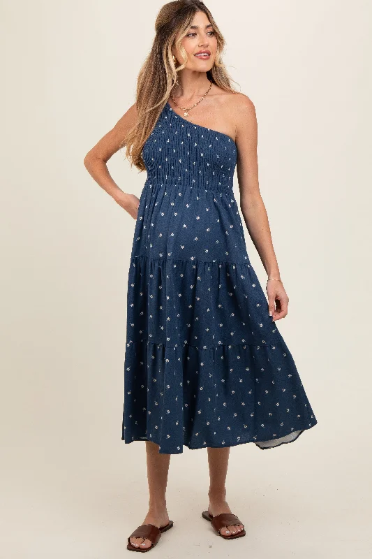 Maternity dress for a baby's first trip to the zoo Navy Blue Floral Linen Smocked One Shoulder Tiered Maternity Midi Dress Maternity dress for a baby's first trip to the zoo Navy Blue Floral Linen Smocked One Shoulder Tiered Maternity Midi Dress